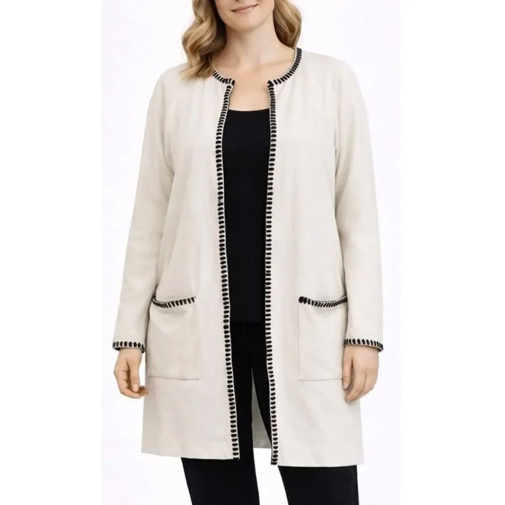Magaschoni white with black whip stitch detail open cardigan coat xs